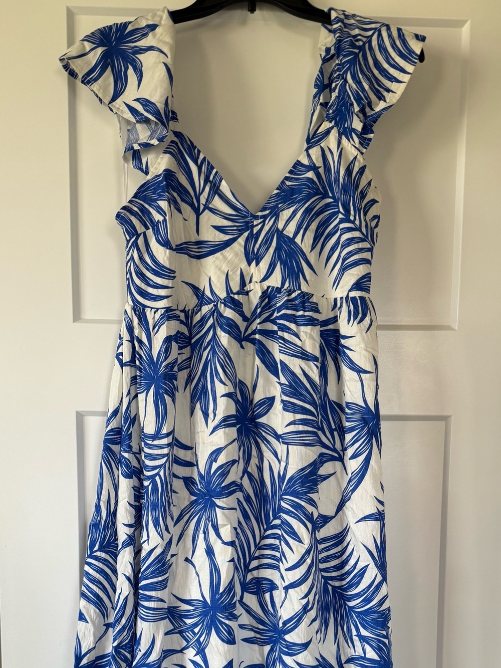 Medium Blue Palm Print V-Neck Sundress